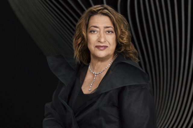 zaha hadid black gown and background