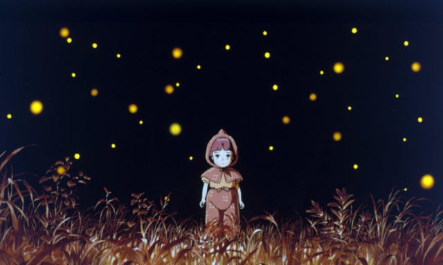 anime cartoon little girl field fireflies night