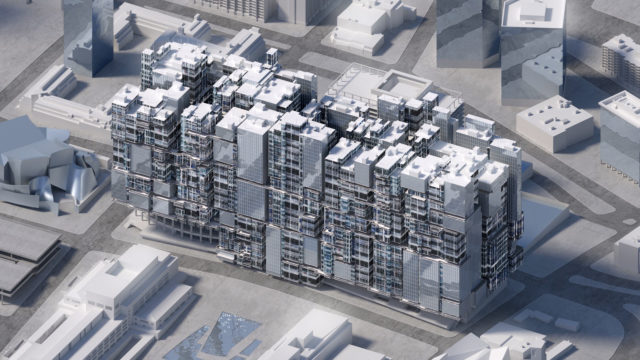 birds eye render of white cubic grid multistory