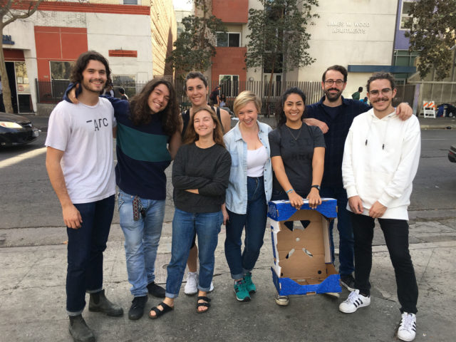 happy students on LA street casual attire