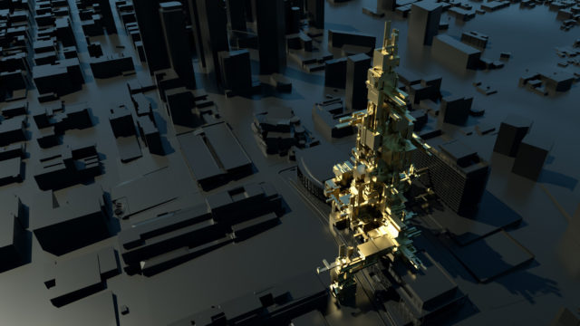 birds eye isometric render gold model black city