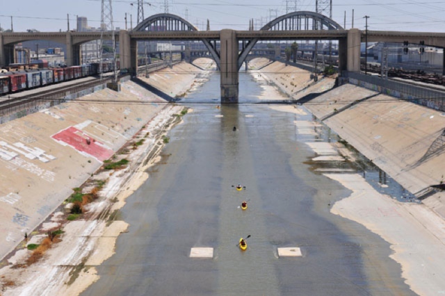 faux suspension bridge concrete columns LA River