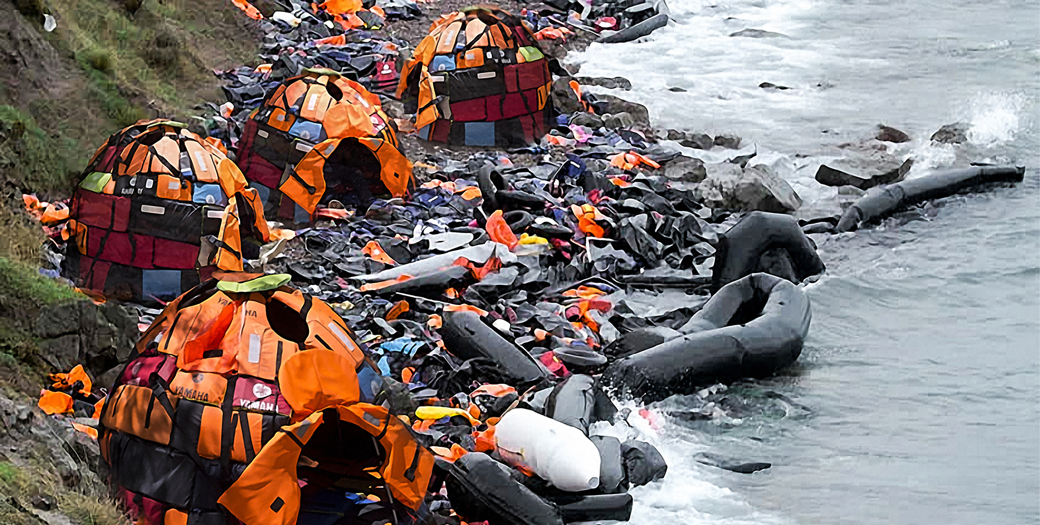 four igloos made of life vests floating in the ocean