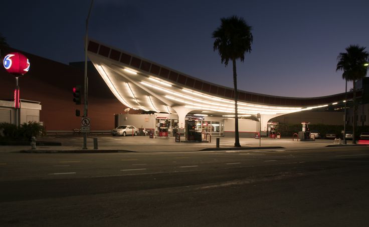 gas station night large slanted roof lights