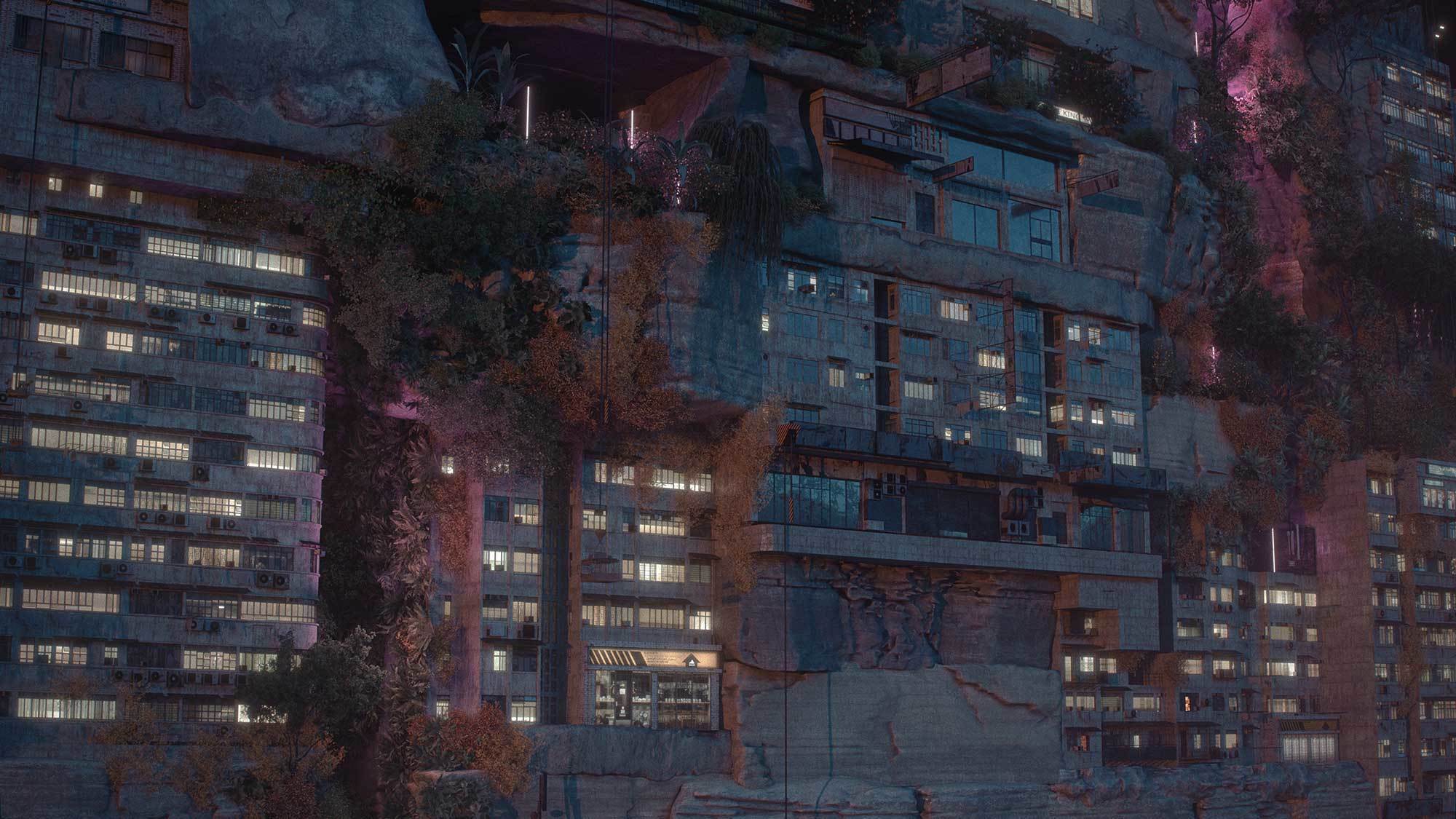 Digital Rendering of high-rise skyscraper apartment buildings integrated into trees and nature. Still from Planet City, designed and directed by Liam Young, VFX supervisor Alexey Marfin