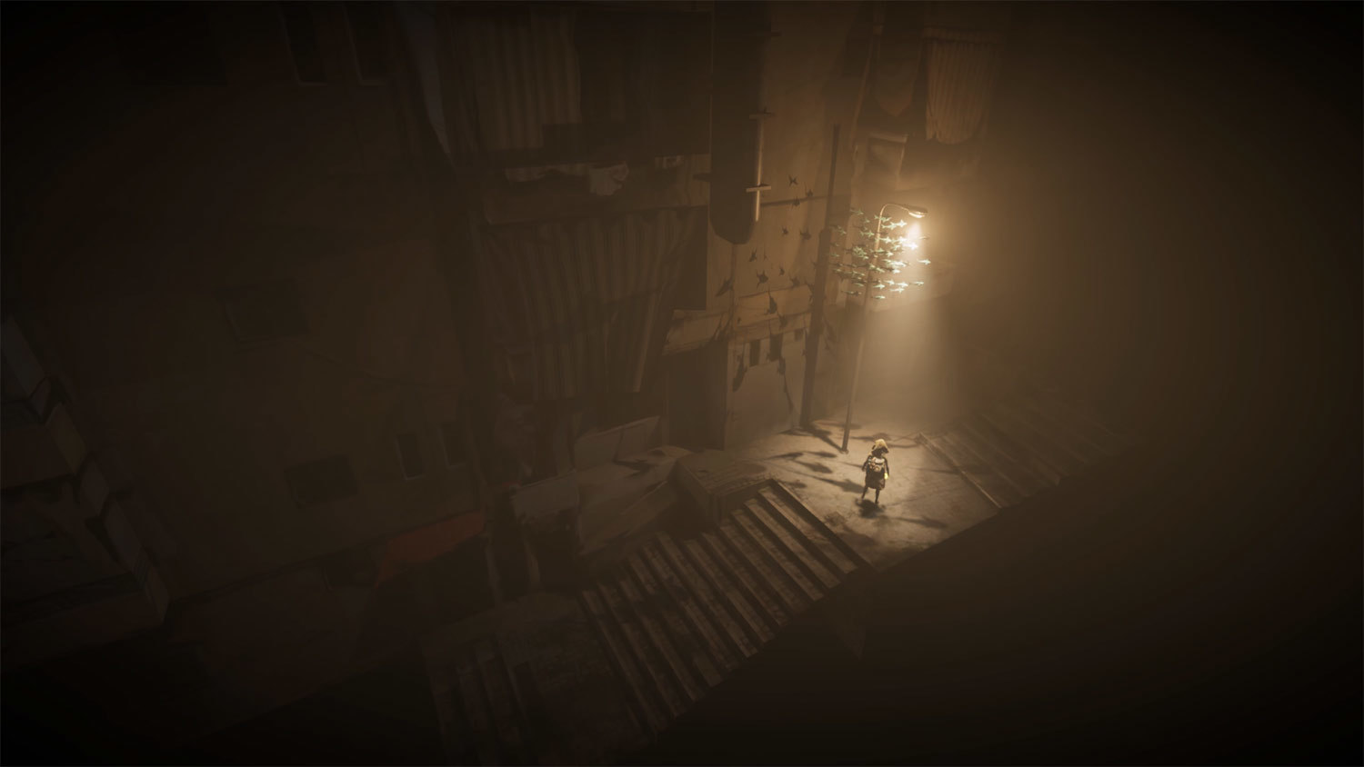 Screenshot of character in a dark alley from third-person indie game Where Turtles Fly