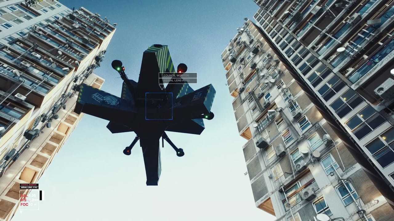 a drone floating in the city