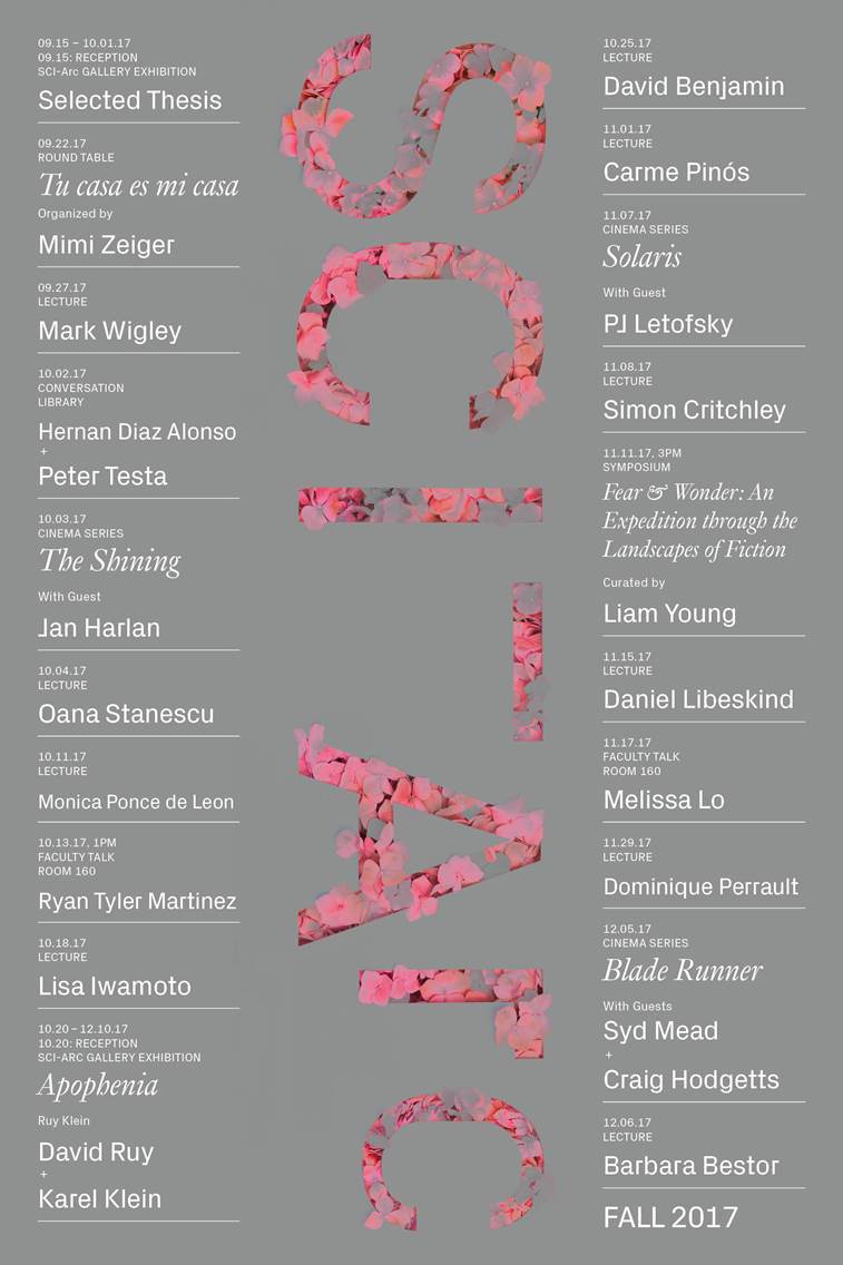 a grey poster with pink flower written sci-arc and lecture series