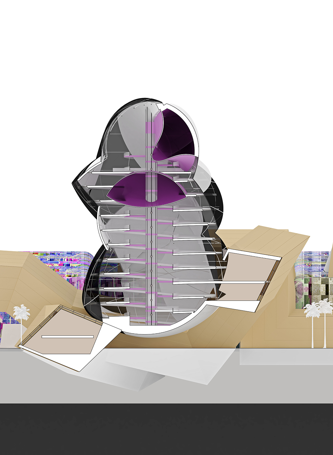 colored sectional drawing of multistory complex