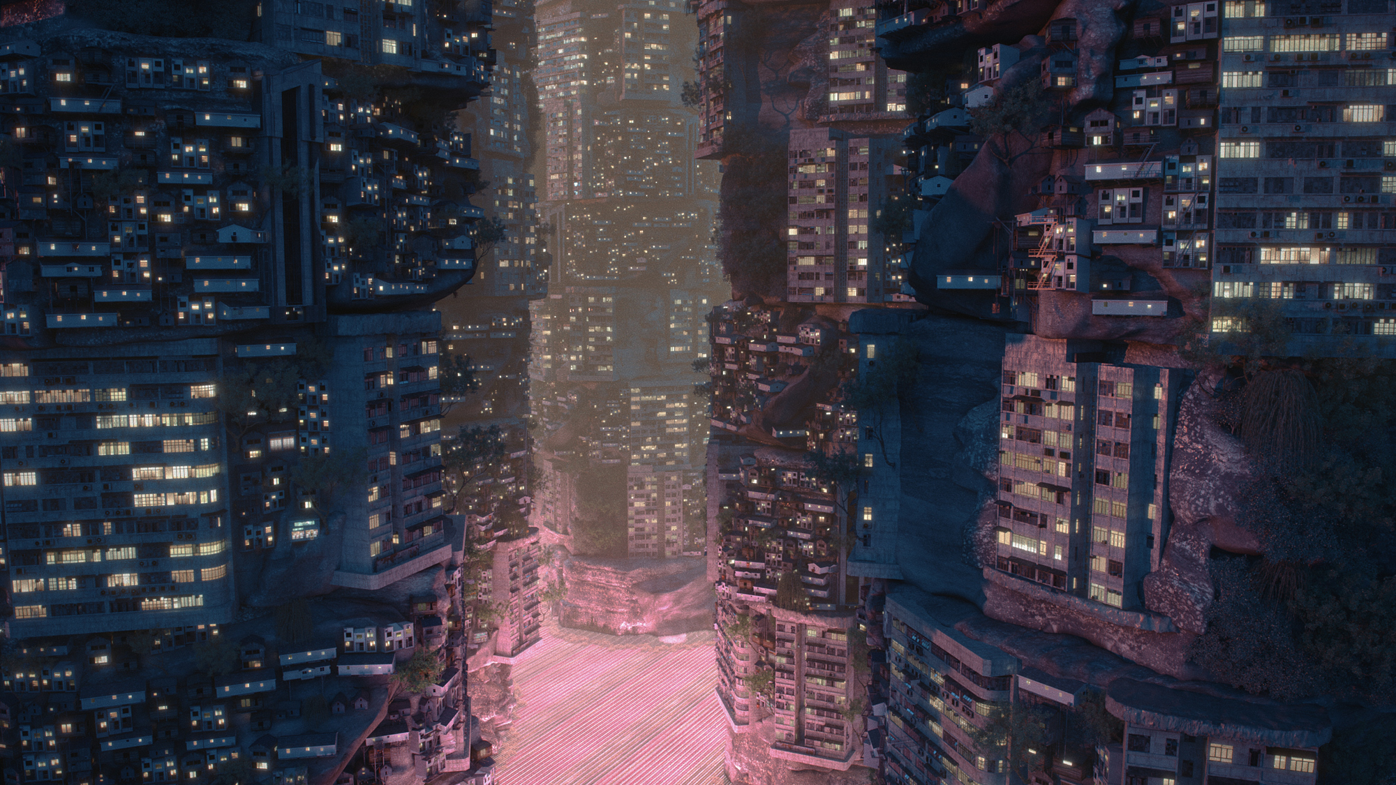 cityscape render buildings lights pink ground