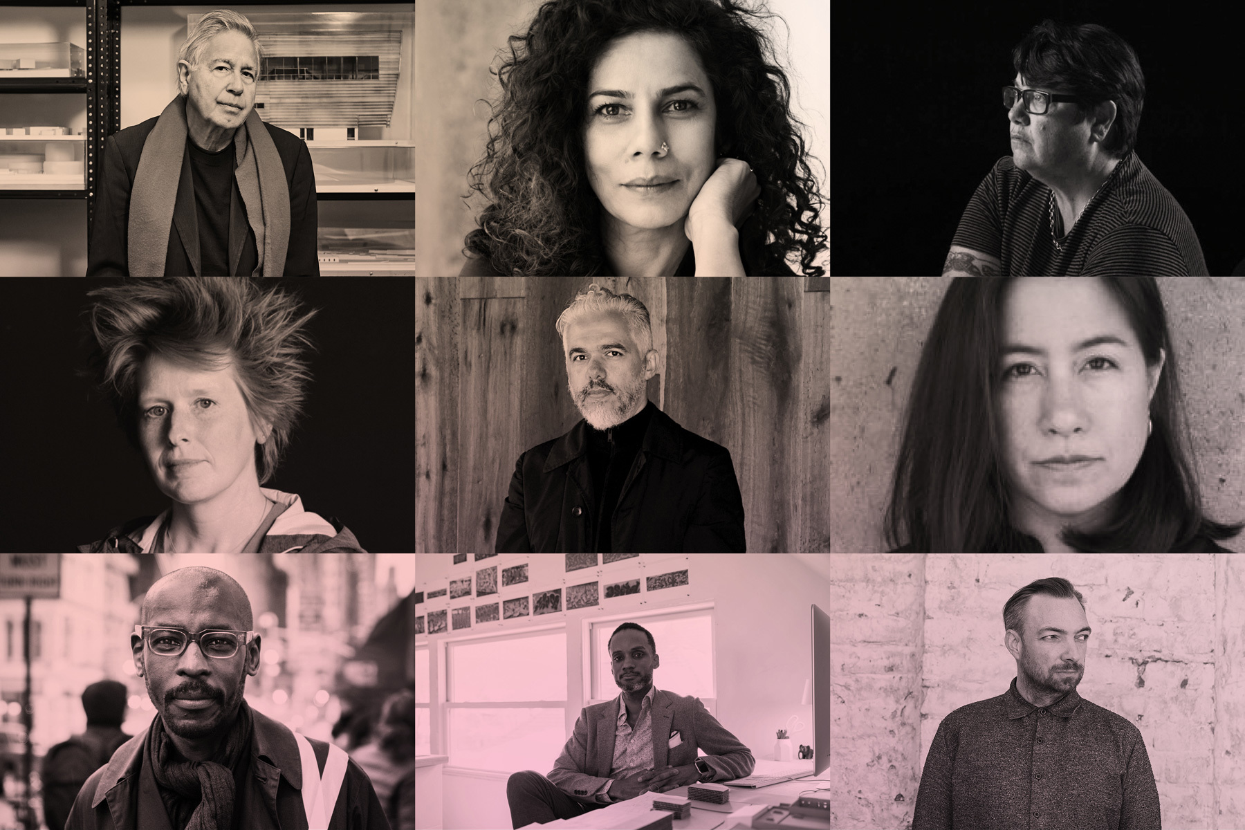 Top left to right: Bernard Tschumi, Anupama Kundoo, Catherine Opie. Middle left to right: Erin Besler, Héctor Esrawe, Ana María León. Bottom left to right: Mario Gooden, Sekou Cooke, Liam Young.