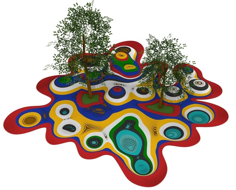 multicolored architecture render with trees