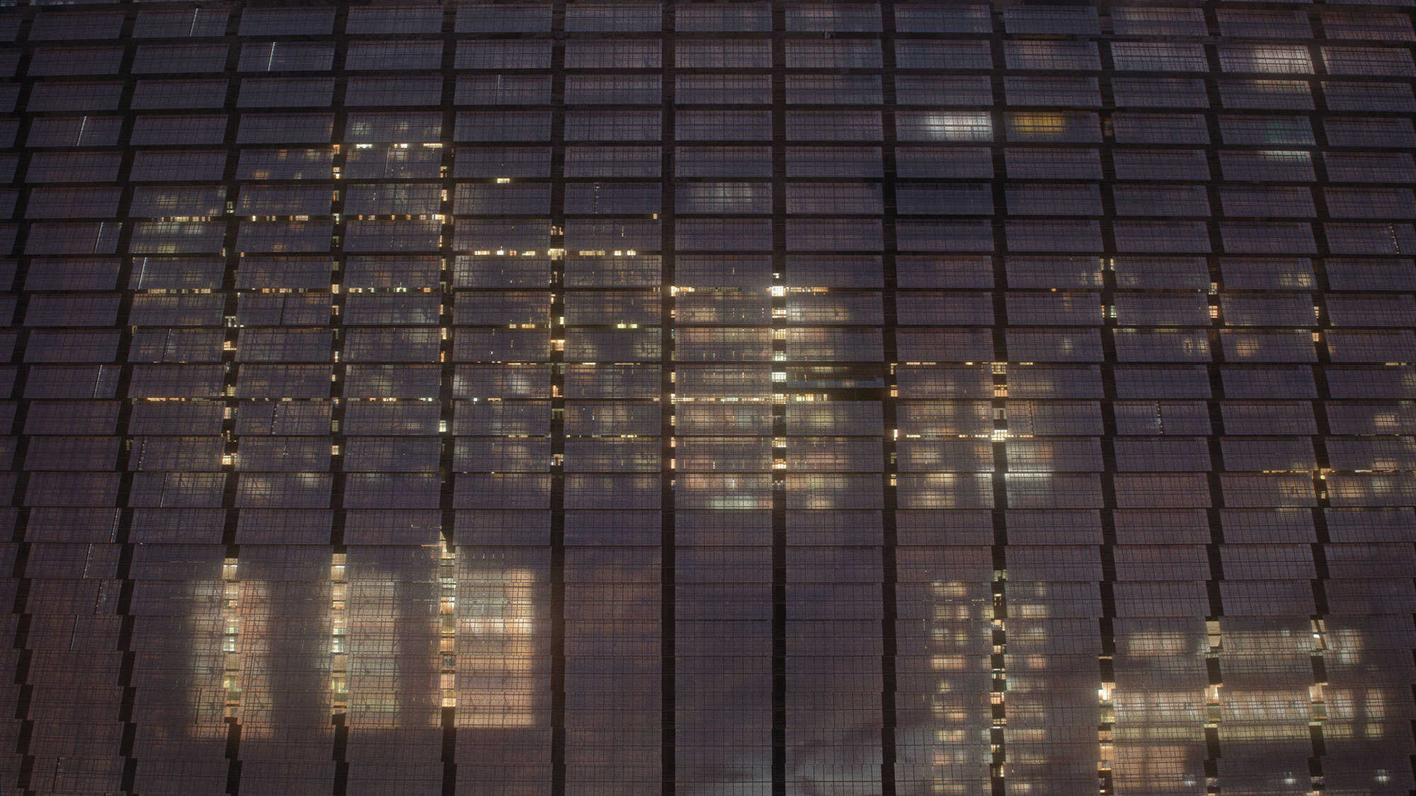 Reflective Windows of Digital Rendering of high-rise skyscraper apartment buildings integrated into trees and nature. Still from Planet City, designed and directed by Liam Young, VFX supervisor Alexey Marfin