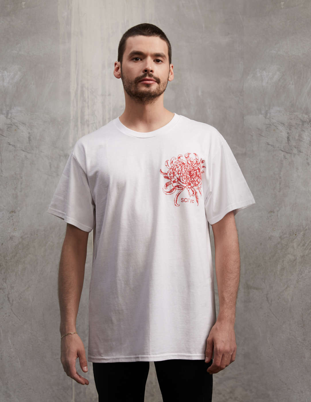 White T-shirt with a Red Chrysanthemum 