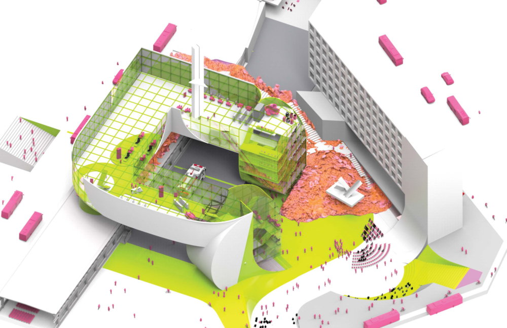 isometric sectional view of a building white pink and leaf green