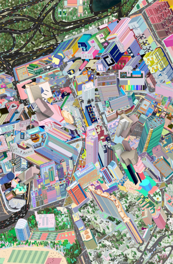 aerial view of a colorful city