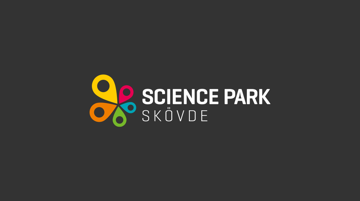 Science Park Skövdes Logotyp på mörk bakgrund med vit text