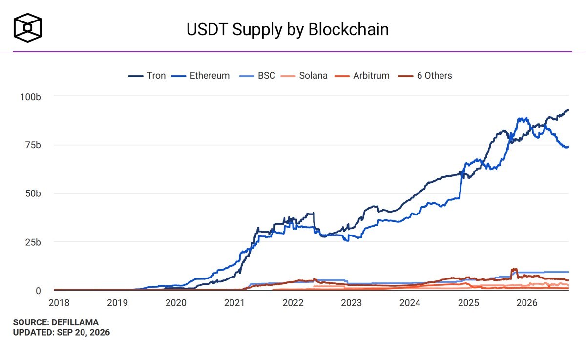USDTの供給量、ブロックチェーン別の日次データ