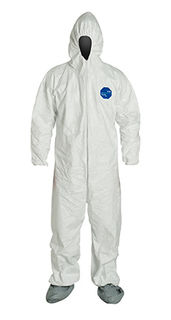 Tyvek® 400 Coverall, Respirator Hood, Elastic Wrists and Waist, Att. Skid-Resistant Boots, Serged Seams, White, 2X