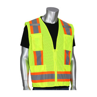 PIP - Protective Industrial Products 302-0500M Class 2 Mesh Vest, Zipper, 11 Pockets, Mic Tab, Two T
