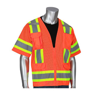 PIP - Protective Industrial Products 303-0500M-OR Class 3 Mesh Vest, Zipper 11 Pockets, Mic Tab, Two