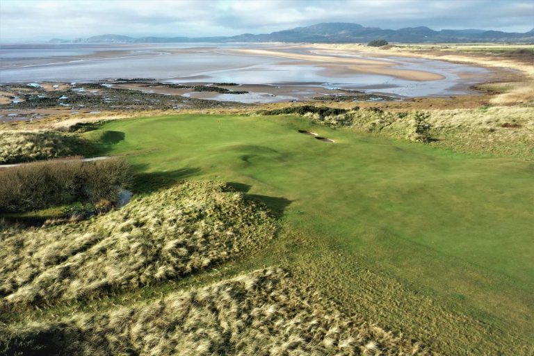 Elevated view of the 12th green, looking down the coast, Southerness Golf Club 2020