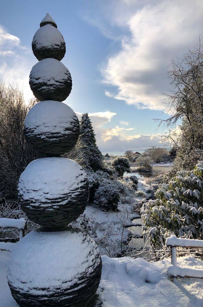 Snow on garden art, Glenwhan Gardens