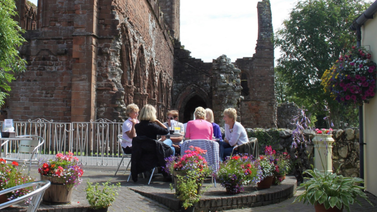 Morning coffee with friends next to Sweetheart Abbey, Abbey Cottage Tearoom