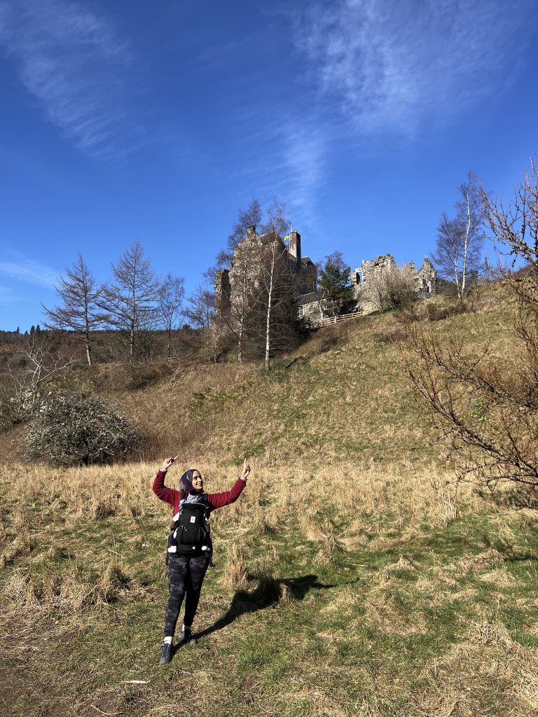 Family walking trip: Zahrah Mahmood and baby Harris enjoy a walk along the River Tweed and take in the sites of Neidpath Castle.