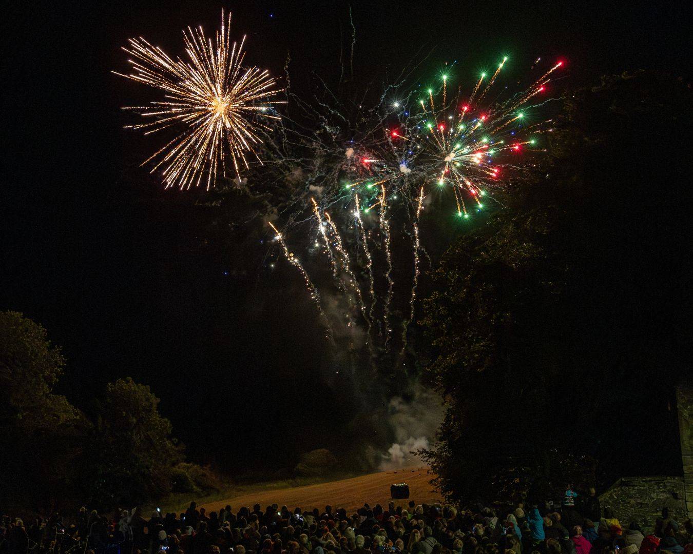 Fireworks at Wigtown Book Festival. A large crowd gathers in a field, illuminated by green, red, blue and gold fireworks., Wigtown Festival Company. Image credit: Colin Tennant