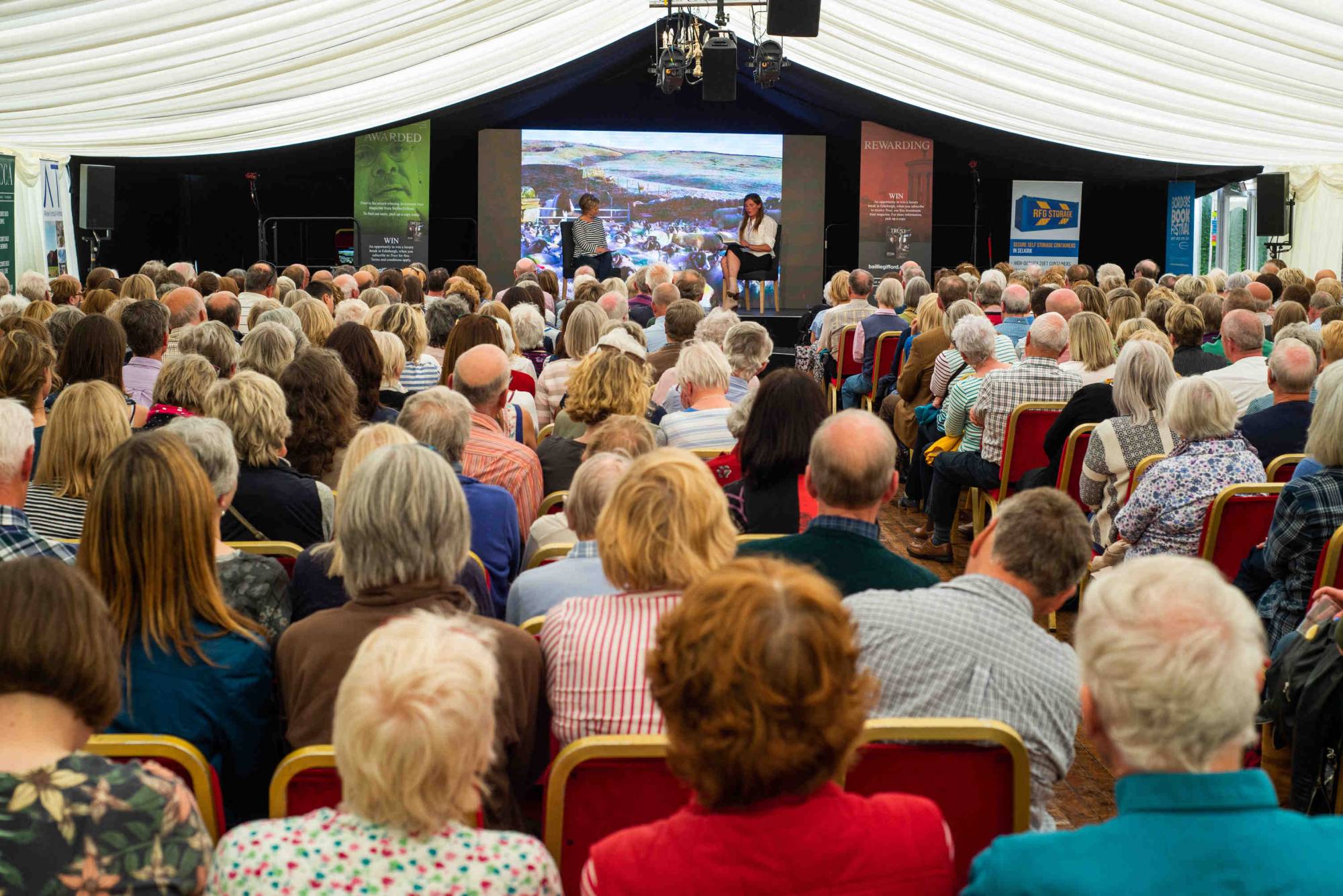 Crowd of people listening to author at Borders Book Festival