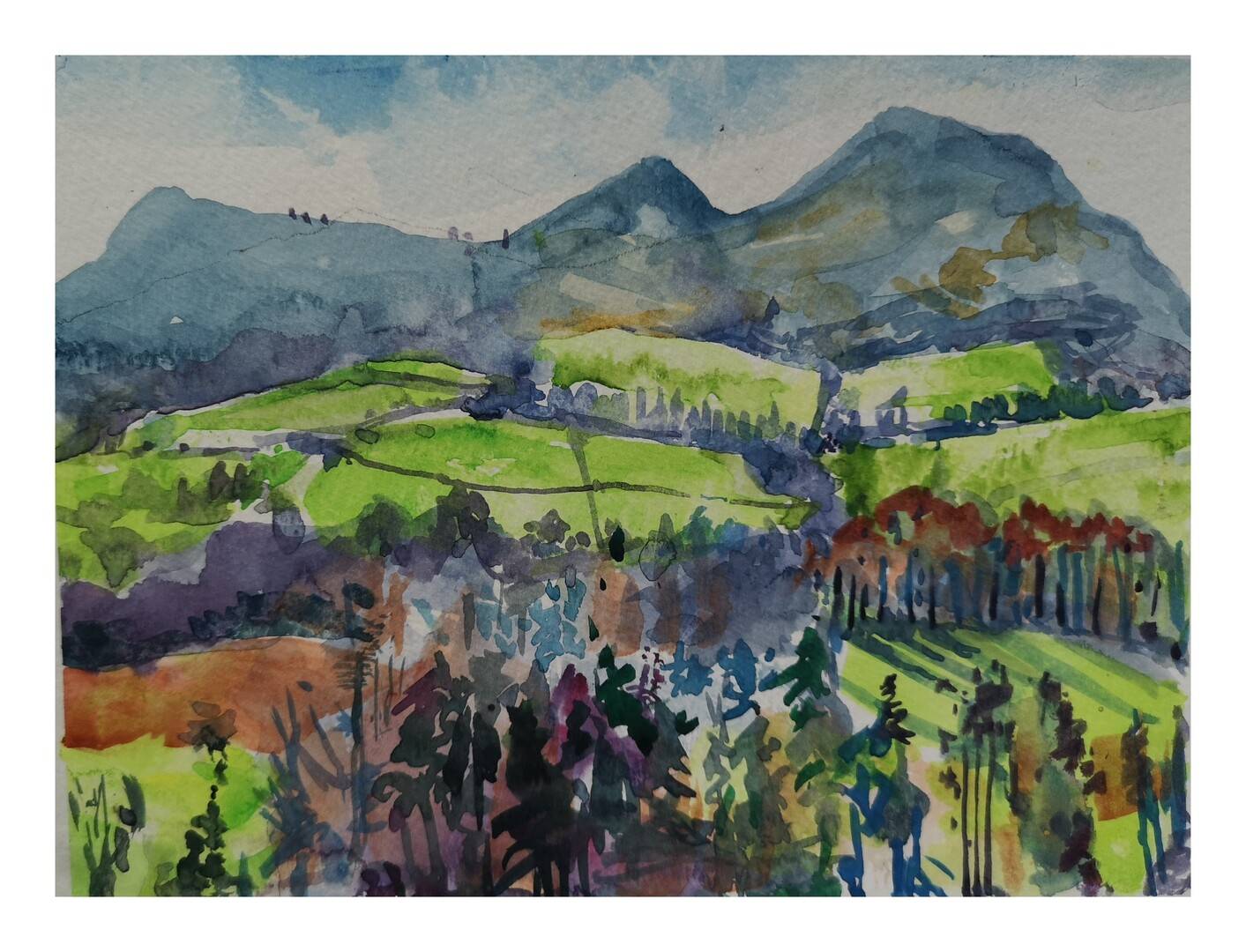 A Vibrant and lovely watercolour painting of Scott's View