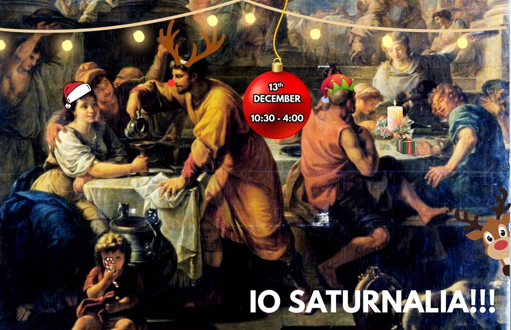 A painting representing a Roman banquet with Christmas graphics photoshopped, Public domain image of painting.