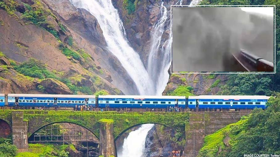 Passengers in Train Mesmerized by The Spectacular Dudhsagar Waterfall