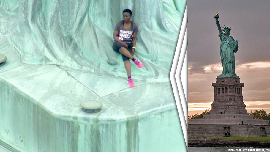 Woman Scales Statue of Liberty to Protest against the Strict Immigration Laws in U.S.