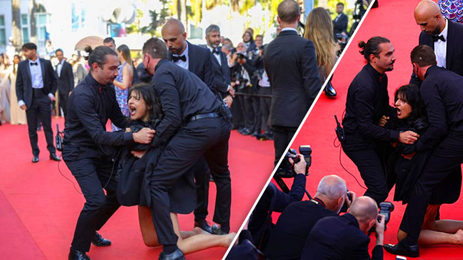 "Stop Raping Us": Topless Woman's Protest on Cannes Red Carpet