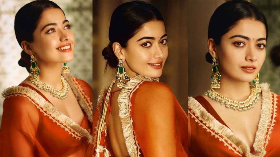 Rashmika Mandanna Dazzles in Vermillion and Gold Lehenga, Perfect for the Wedding Season