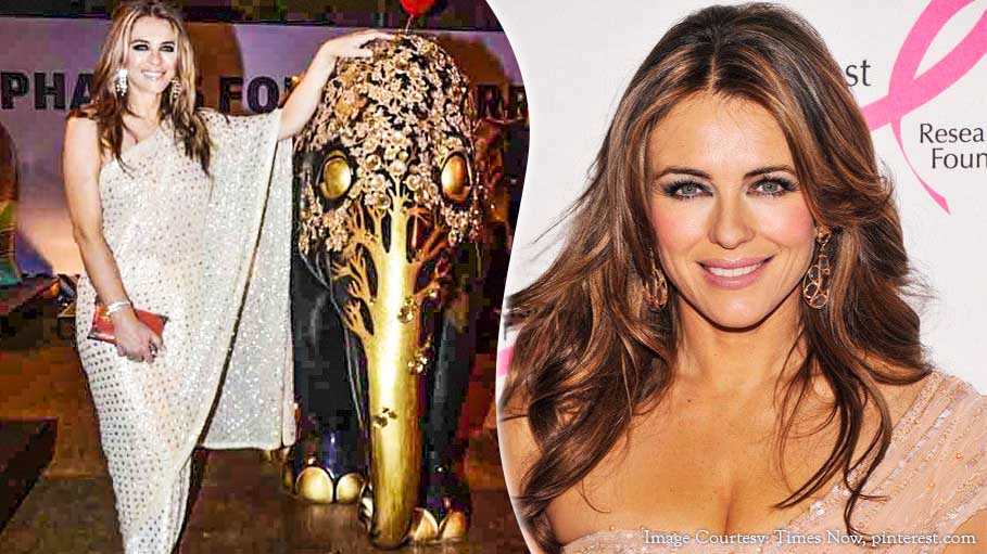 Elizabeth Hurley Looked Stunning in a Beige Saree While Attending the Elephant Parade in Mumbai