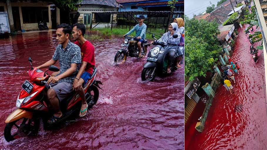 Indonesian Village Turns Red as Floods Hit Batik Factory