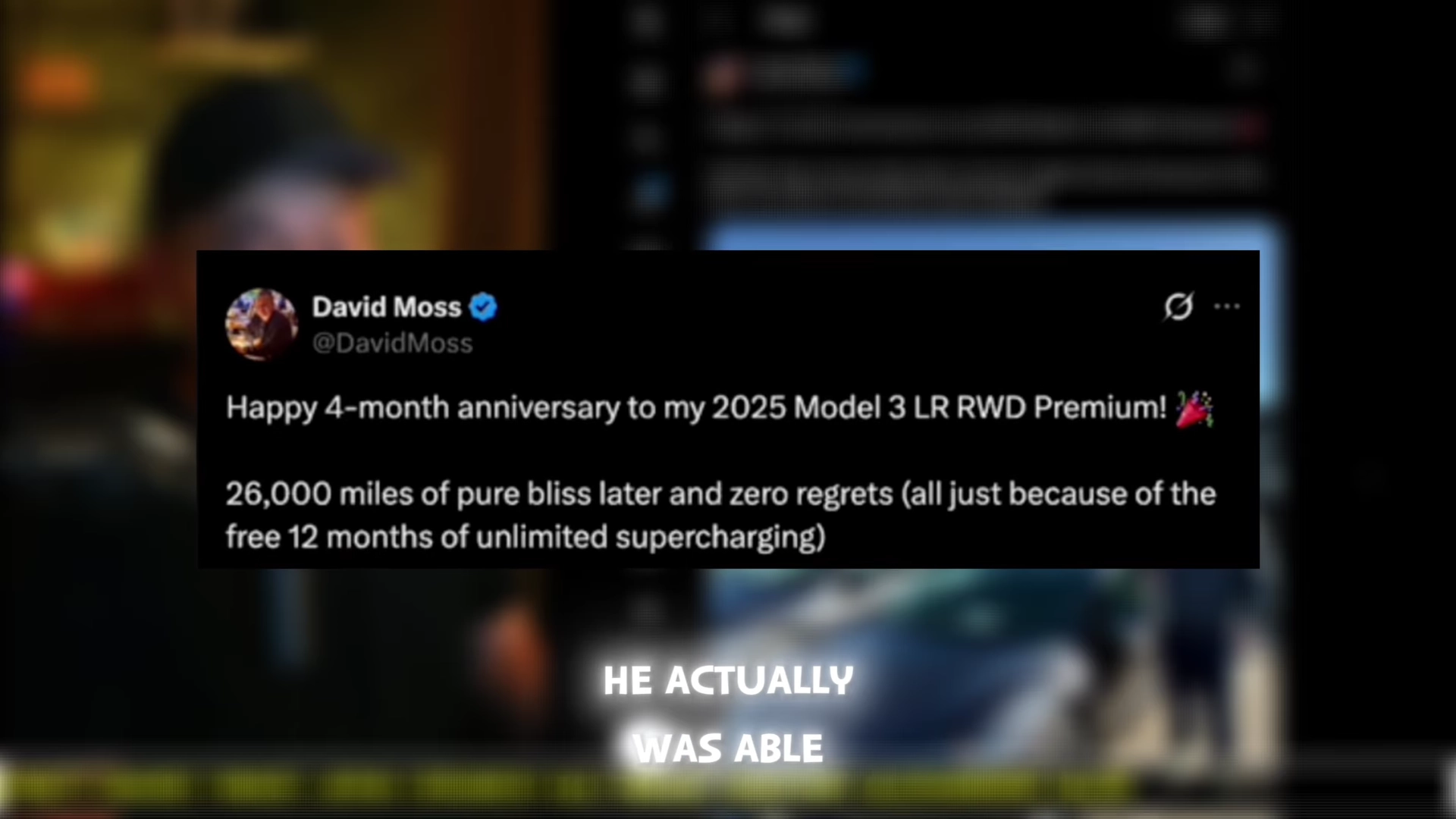 A social media post featuring a Tesla owner who drove 26,000 miles in four months using FSD.