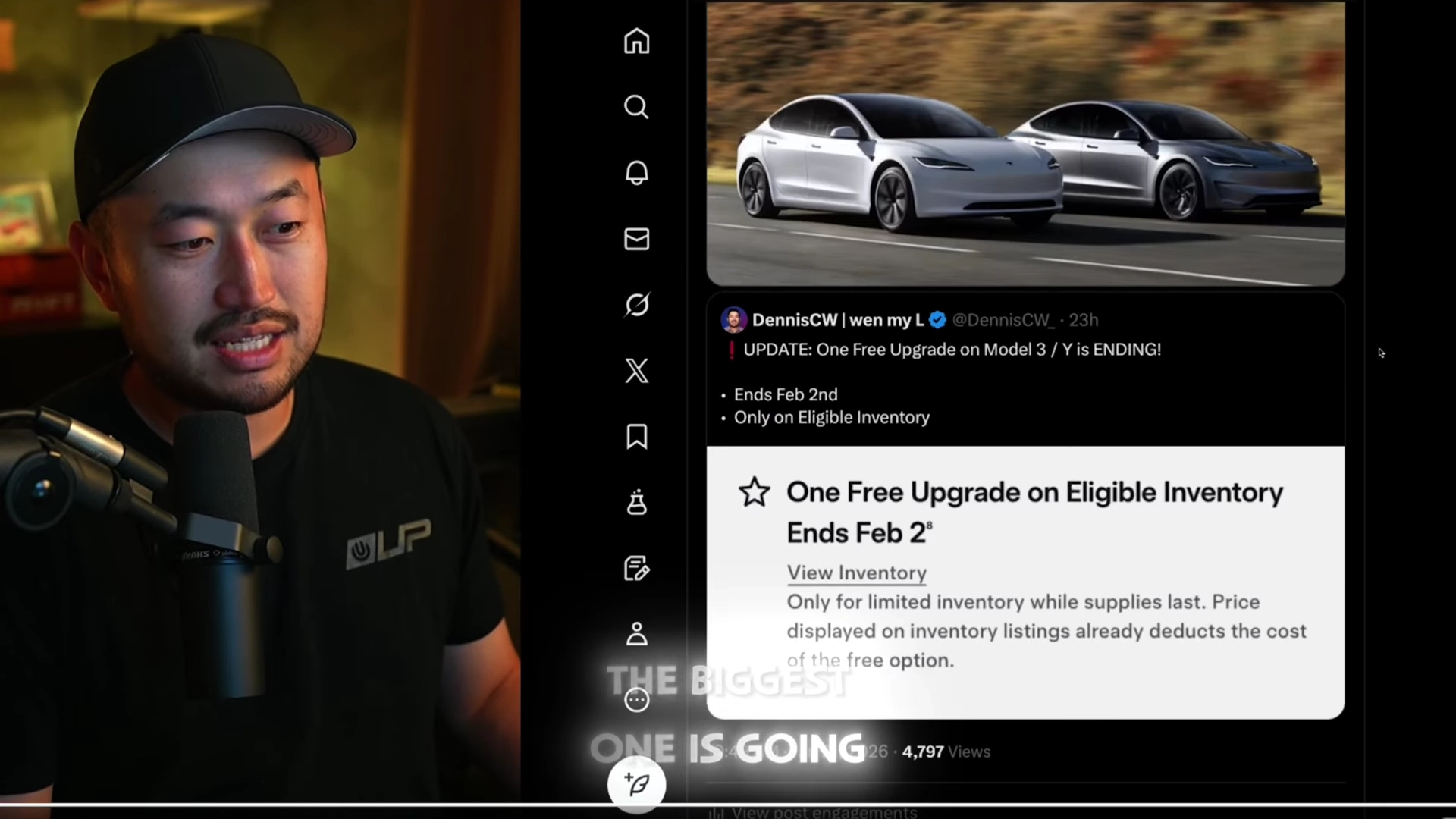 The Tesla website showing the 'One Free Upgrade' on eligible inventory with the expiration date of February 2nd.