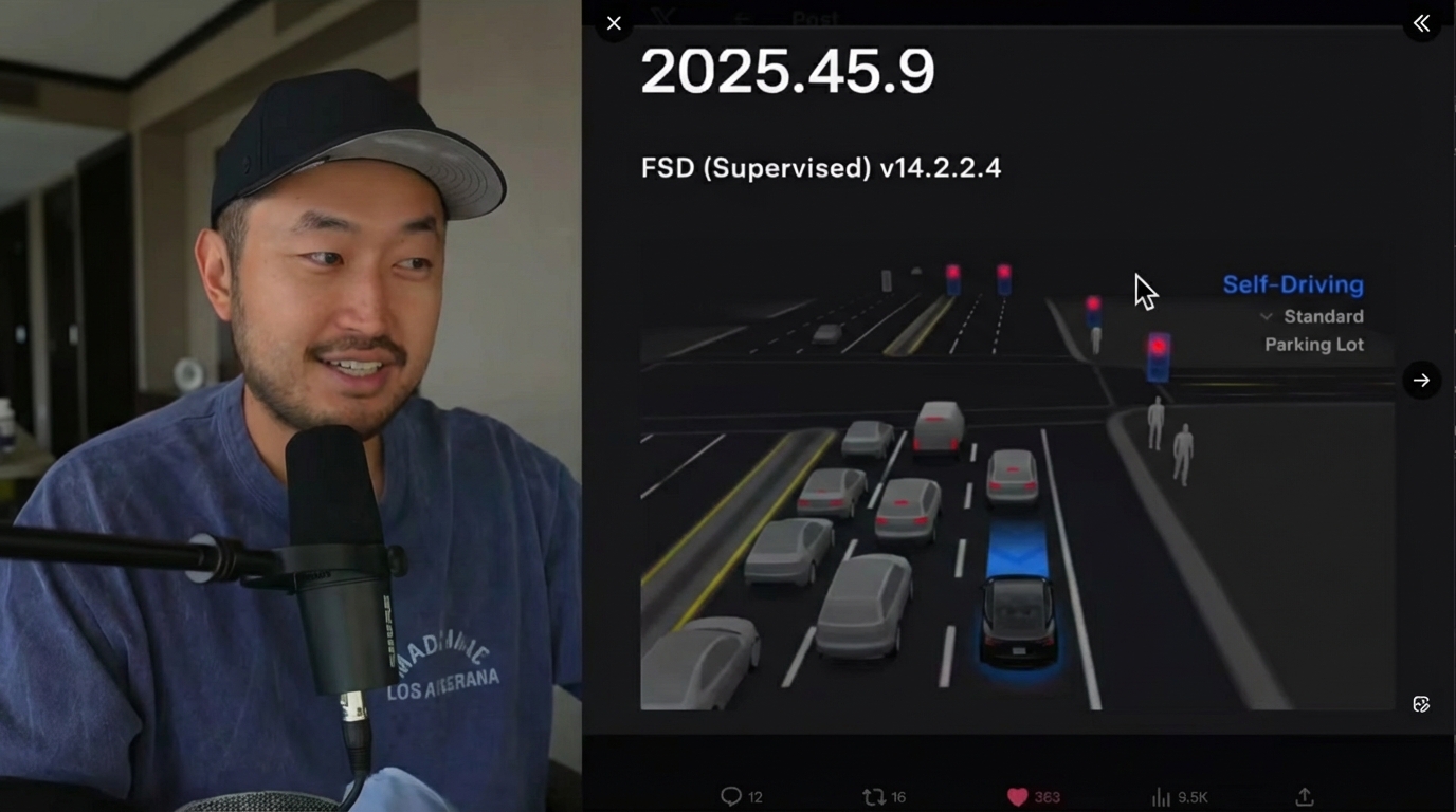A visualization of the FSD interface showing the self-driving visualization and release context.