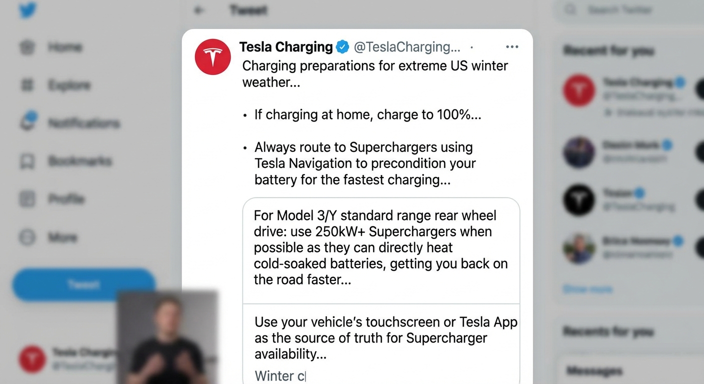 Tesla Charging's official social media post outlining the key bullet points for winter preparation.