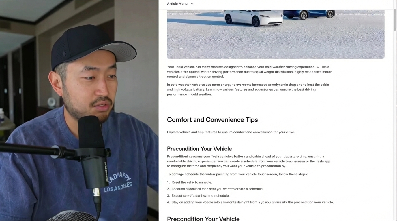 The Tesla official support website showing the 'Winter Driving Tips' section and comfort features.