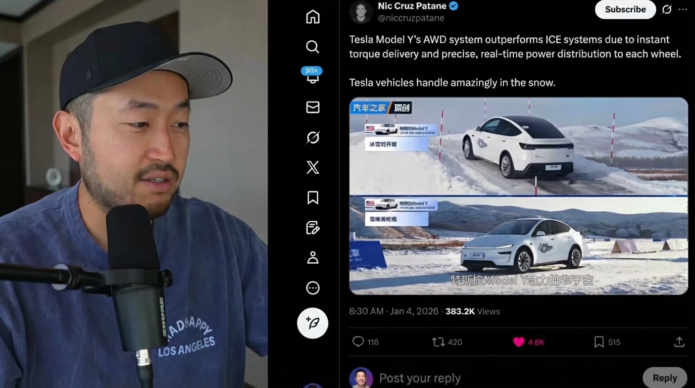 A video demonstration of a Tesla Model Y successfully climbing a snowy hill using its AWD system.