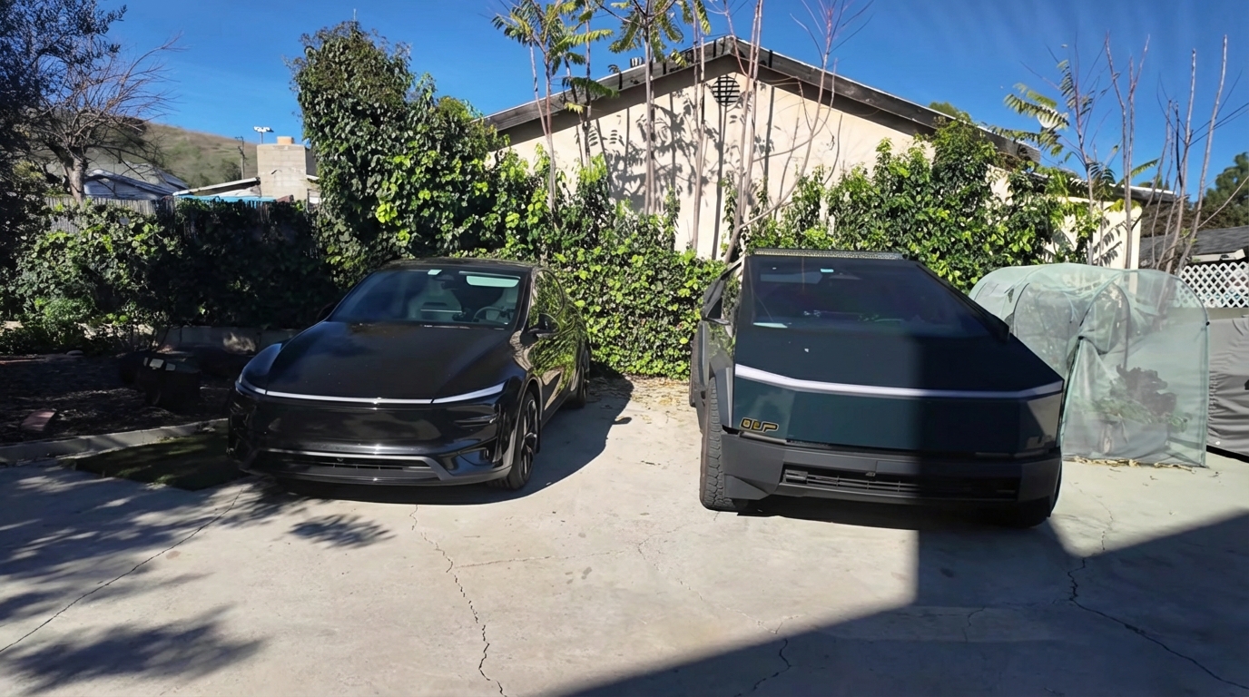 Tesla Cybertruck крупным планом, демонстрирующий уникальный дизайн и модификации Unplugged Performance.