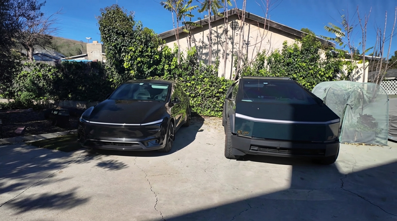 Два лучших автомобиля Tesla, припаркованных рядом: черный Model Y Performance и Cybertruck.