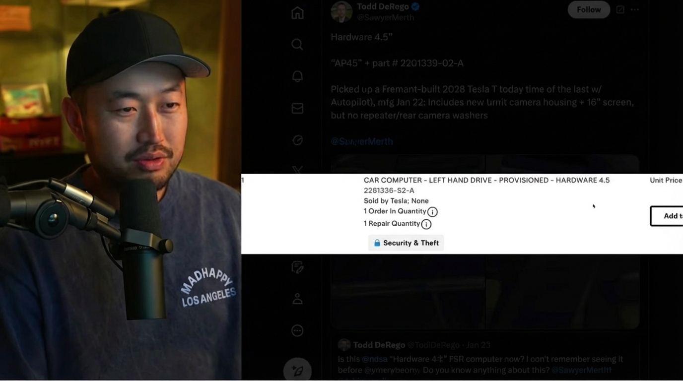 Tesla's Electronic Parts Catalog listing showing the 'Hardware 4.5' computer available for purchase.