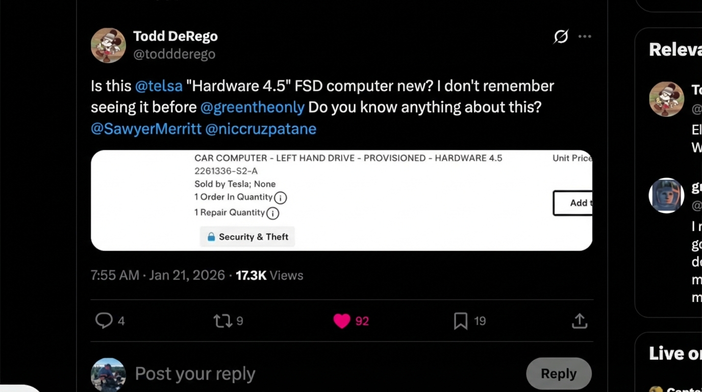 The leaked image from the Tesla parts catalog explicitly listing 'Car Computer... Provisioned - Hardware 4.5'.