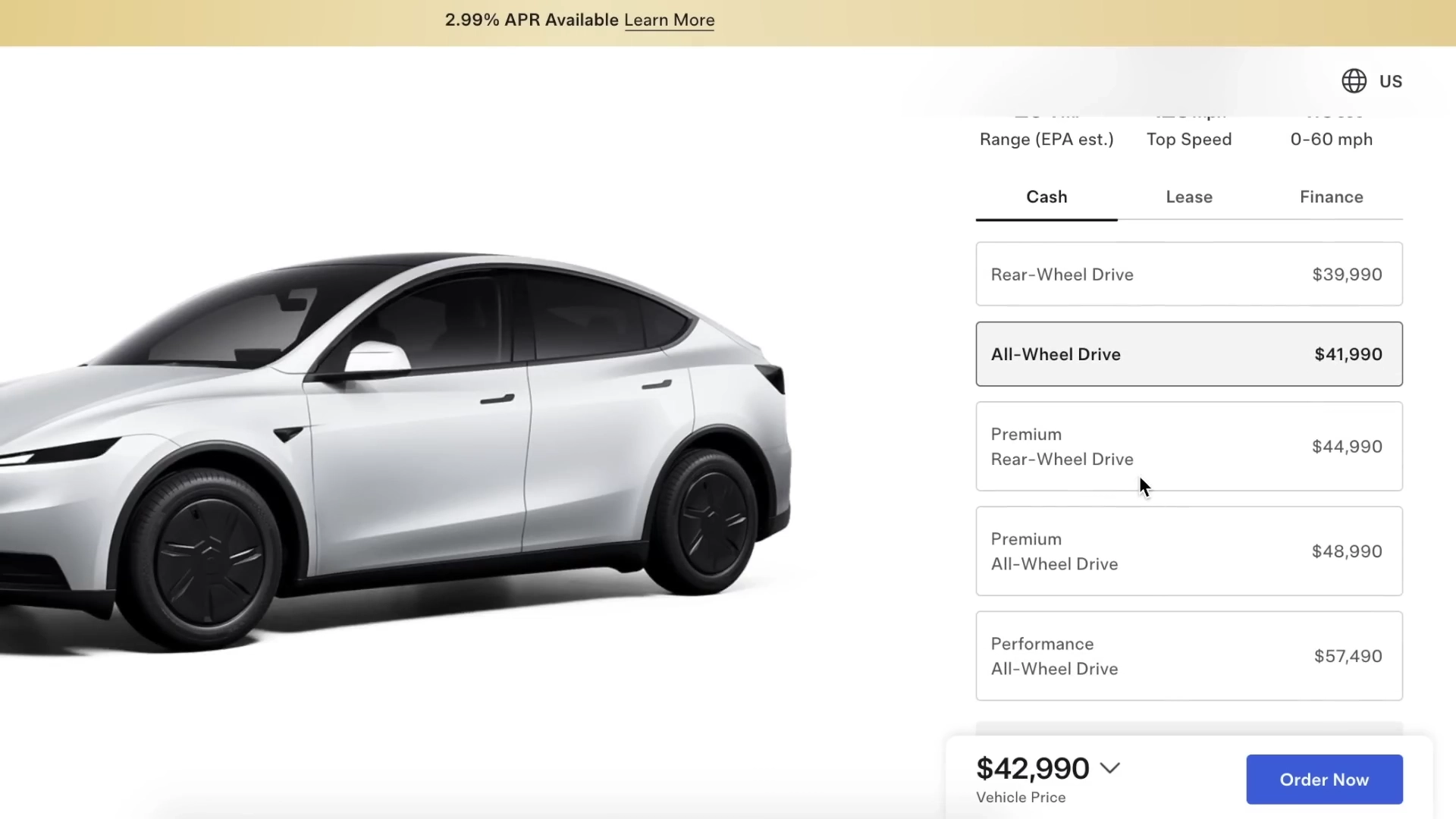 Tesla's online design studio displaying the new $41,990 pricing for the entry-level All-Wheel Drive Model Y.